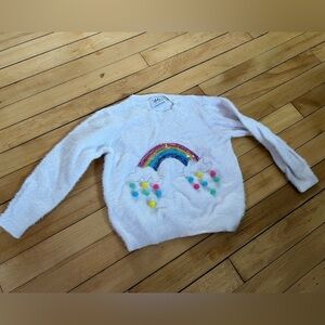 Lola + the Boys white fuzzy rainbow Pom Pom girls pull over sweatshirt